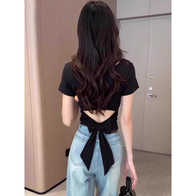 轻奢高级感露后背绑带蝴蝶结短袖t恤女夏季新款圆领黑色显瘦上衣