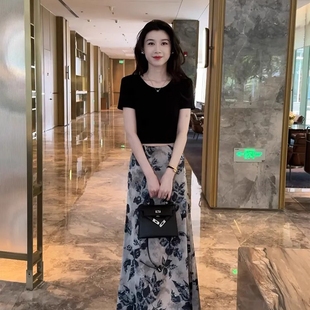 显瘦短袖 套装 国风修身 女夏季 t恤上衣百搭高腰半身裙两件套 新中式