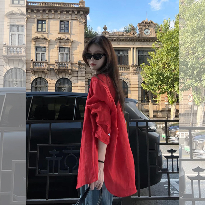 【赠送运费险】法式红色翻领衬衫