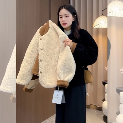 【赠送运费险】杏色羊羔毛外套女