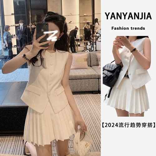 无袖西装马甲显瘦百褶短裙两件套