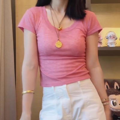 高级感粉色u领正肩短袖t恤上衣女
