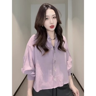 法式高级感紫色天丝长袖衬衫女2026新款早春宽松小个子气质上衣女