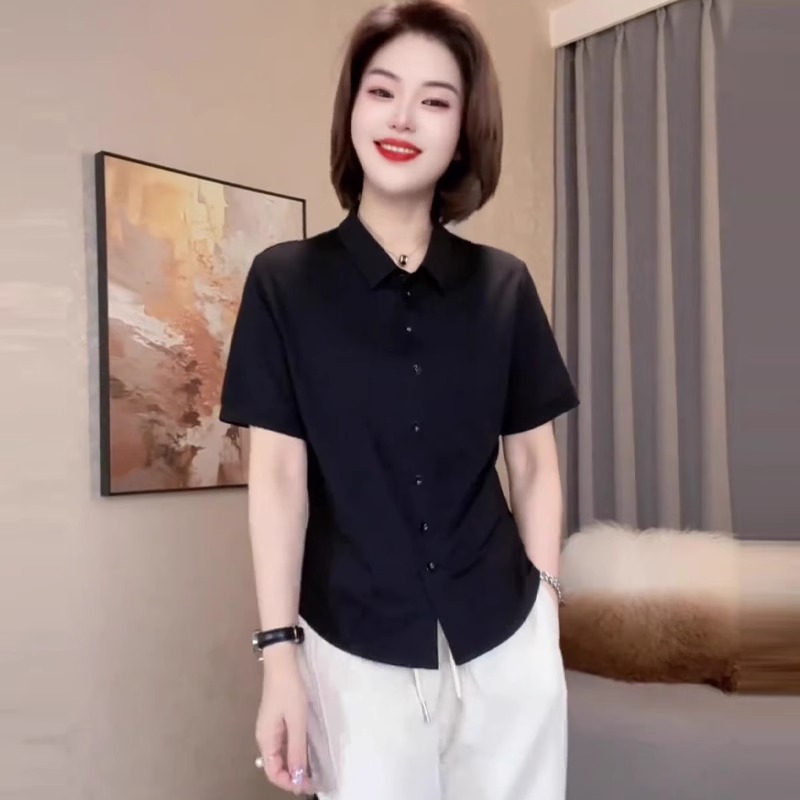 欧货高端大牌2025夏季新款女装黑色翻领纯色韩系简约短袖衬衫女