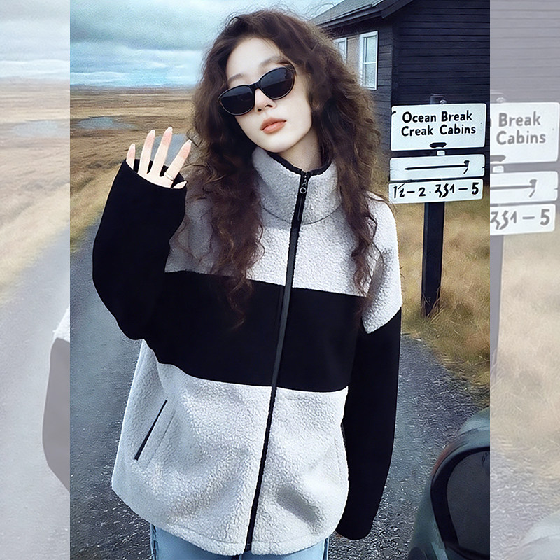 撞色拼接羊羔毛绒外套女秋冬加厚宽松百搭慵懒风休闲棒球服上衣潮,女装/女士精品,短外套,淘宝优惠券,粉丝福利购,淘宝优惠卷