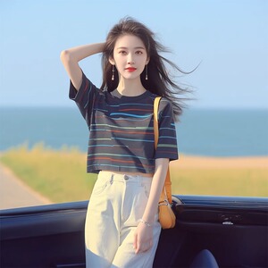 夏季韩系chic洋气独特别致漂亮上衣宽松百搭显瘦黑色条纹T恤女款