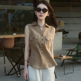 棉麻上衣 Polo领亚麻无袖 衬衫 马甲背心女夏2025新款 轻奢高级感短款