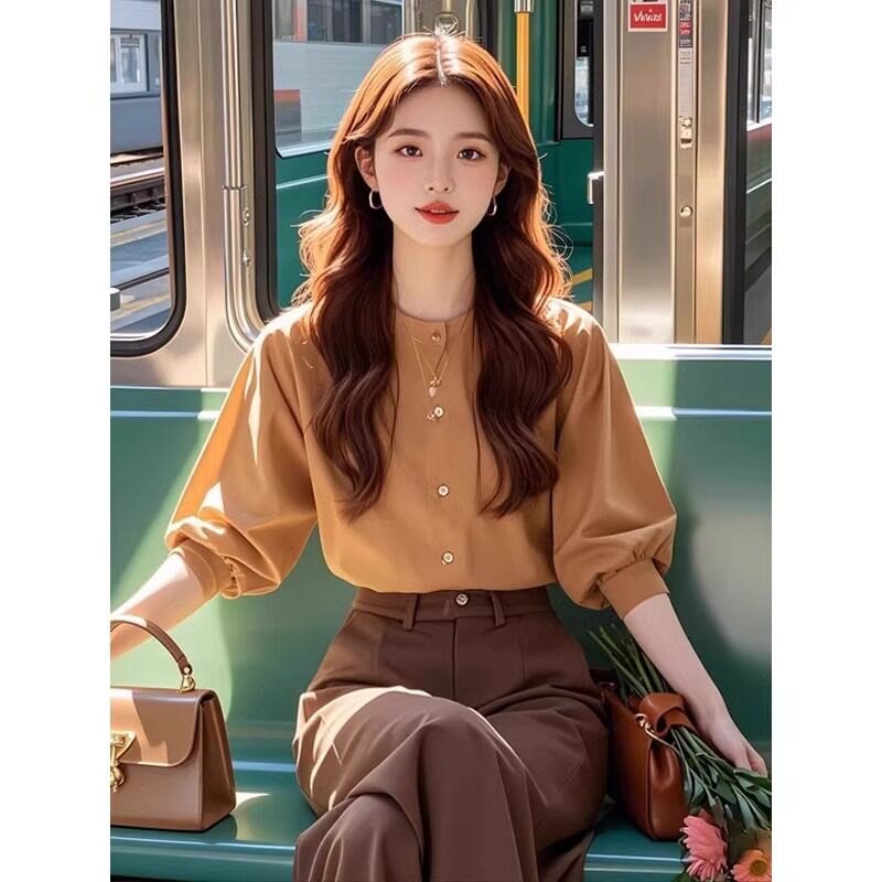 正式场合咖色长袖衬衫女款早秋冬温柔法式日常通行小香风盐系上衣