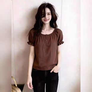 新款 女夏季 宽松显瘦遮肉咖啡色上衣 衬衫 温柔风圆领三粒扣泡泡短袖