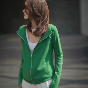 巨好看韩里韩气上衣 早秋季 绿色运动风拉链长袖 卫衣外套女2025新款
