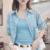 上衣爆款 高级感蓝色格子防晒衣衬衫 长袖 2025新款 衬衣 外套女士夏季