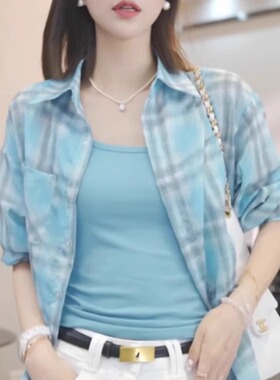 高级感蓝色格子防晒衣衬衫外套女士夏季2025新款长袖上衣爆款衬衣