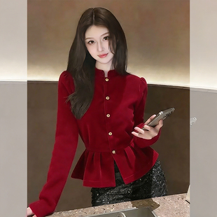红色丝绒衬衫女高级感轻奢减龄洋气绝美复古法式新年掐腰上衣春季