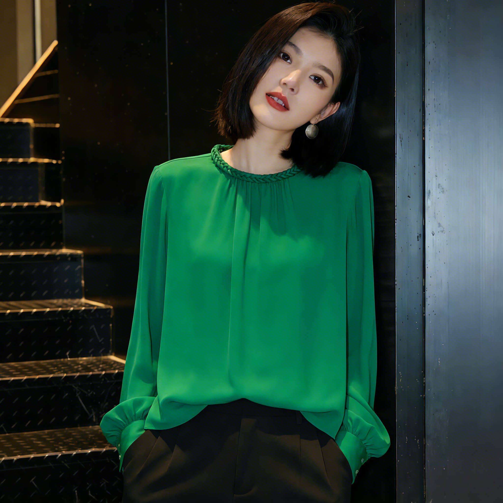 长袖衬衫女2026春季新款韩版宽松麻花领纯色上衣设计感套头衬衣潮