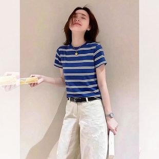 美式超好看经典休闲精致复古条纹短袖T恤蓝色修身百搭高级感上衣
