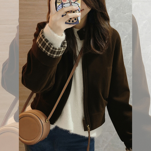 今年流行漂亮巨好看的初冬咖色立领短款法式小资麂皮夹克外套女款
