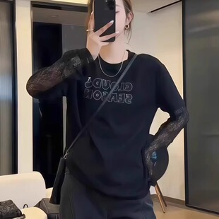 独特超好看黑色长袖t恤女2026新款爆款春季设计感蕾丝假两件上衣
