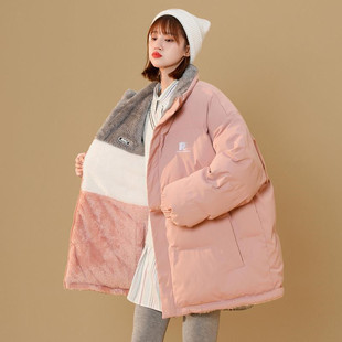 棉服 短款 两面穿羊羔毛外套女ins港风加绒棉衣韩版 温柔系穿搭冬装