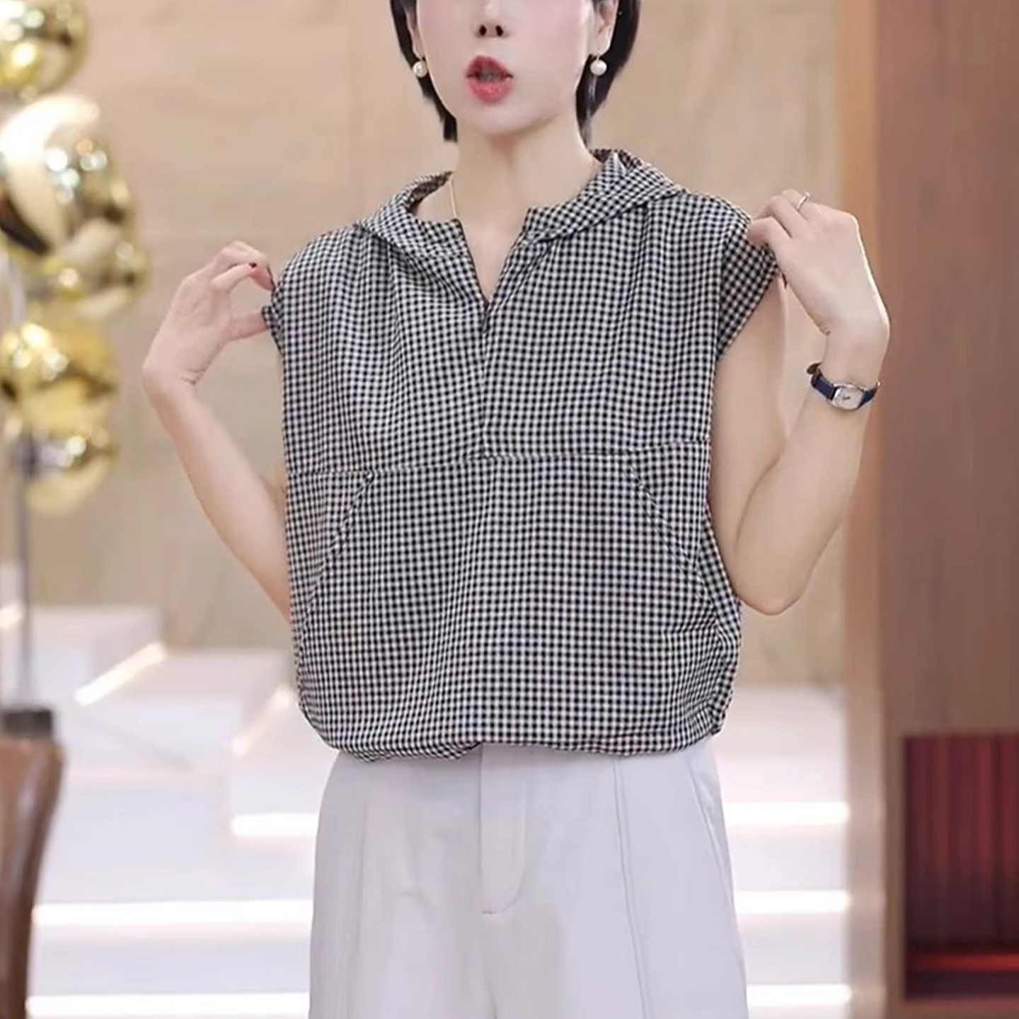 韩版洋气连帽套头无袖小衫2025夏季新款复古撞色格子坎肩背心上衣