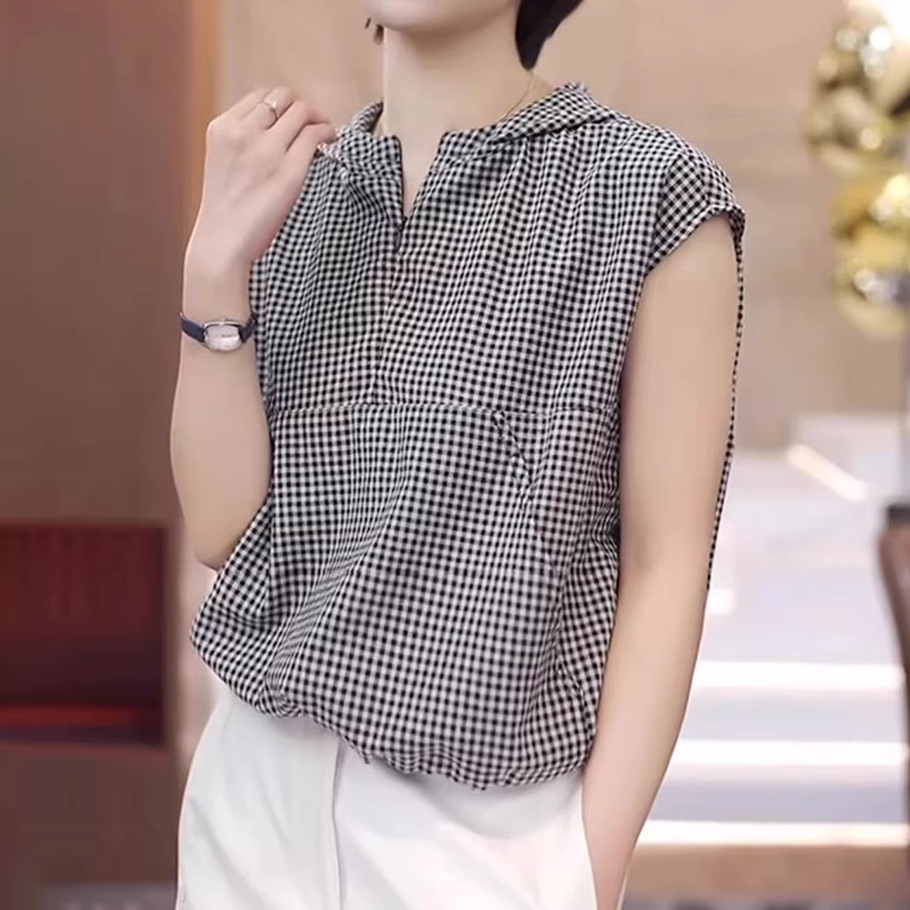 欧货高端大牌韩版连帽套头无袖小衫2025夏季撞色格子坎肩背心上衣