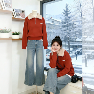 今年流行爆款女装独特漂亮摇粒绒上衣设计感红色羊羔毛卫衣厚外套