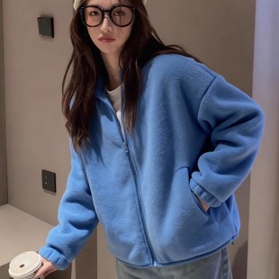 蓝色拉链无帽卫衣女款加厚冬季韩里韩气的慵懒宽松保暖摇粒绒外套