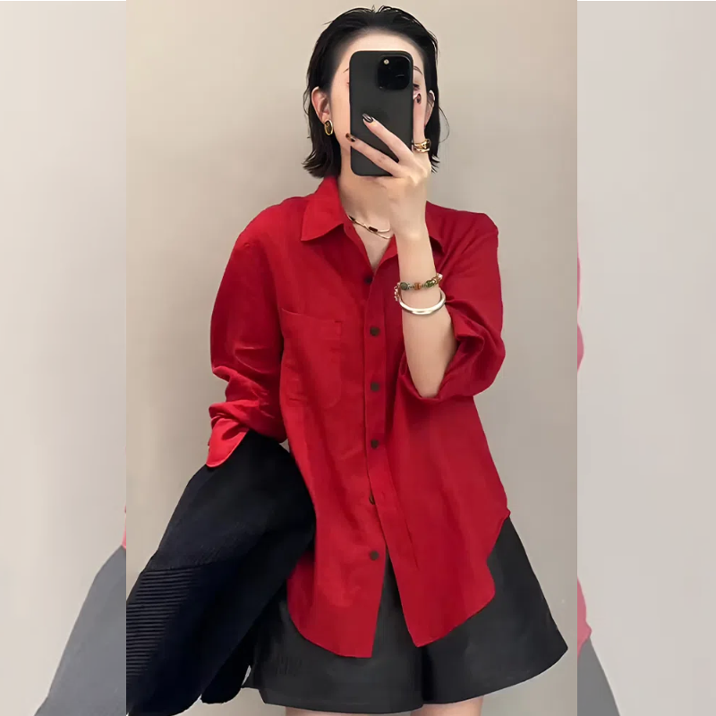 【赠送运费险】复古红色长袖衬衫