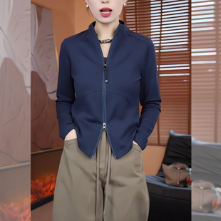 显瘦气质洋气开衫 新款 上衣潮 外套女秋季 藏青色休闲立领双拉链长袖