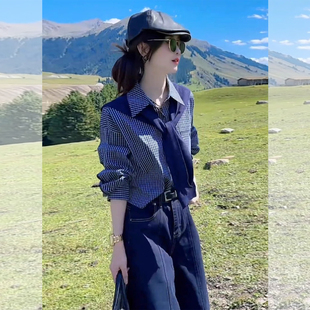 小衫 通勤穿搭气质巨好看 上衣 女高级感清爽秋季 蓝色披肩条纹衬衫