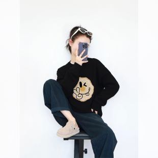 早秋小个子韩系百搭内搭上衣oversize美式 高街休闲风黑色印花卫衣