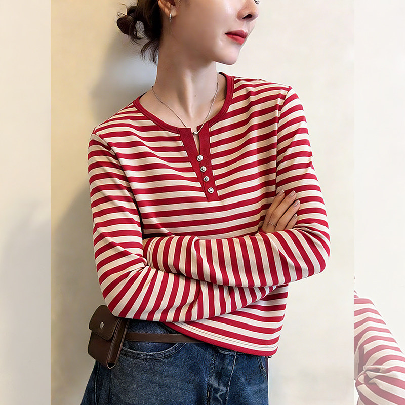圆领撞色条纹春秋冬款长袖T恤女2026新款复古ins修身显瘦上衣,女装/女士精品,T恤,淘宝优惠券,粉丝福利购,淘宝优惠卷