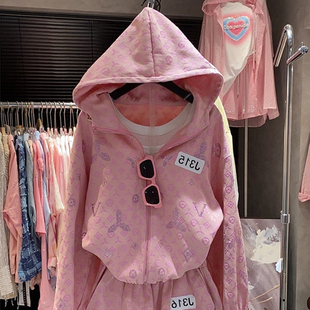 2026年新款春秋超火重工烫钻连帽休闲外套短裤运动服两件套装女款