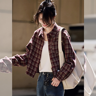2026春秋新款小个子红色格子衬衫女长袖宽松休闲百搭短款上衣外套