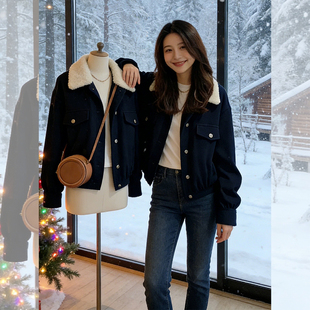 复古拼接羊羔毛翻领百搭保暖外套女2026冬季新款宽松短款百搭上衣
