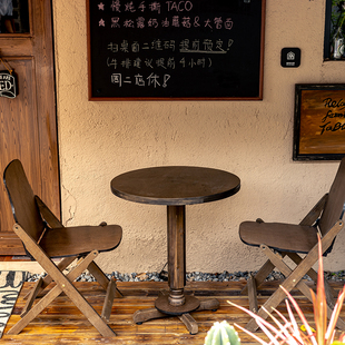 复古实木桌子折叠椅家用小户型客厅阳台餐厅餐桌休闲圆桌方桌 中式