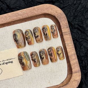 【深邃玫瑰】干枯玫瑰油画晕染显白高级精致短款纯手工穿戴甲批发