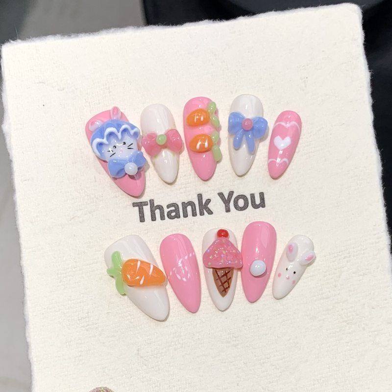 【米花兔】纯手绘雕花捏捏可爱少女心夏日纯手工穿戴甲批发成品,彩妆/香水/美妆工具,穿戴甲/甲片,淘宝优惠券,粉丝福利购,淘宝优惠卷