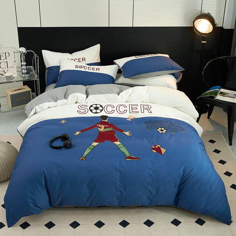 大男生床上用品四件套全棉纯棉足球绣花被套床单床笠三件套青少年