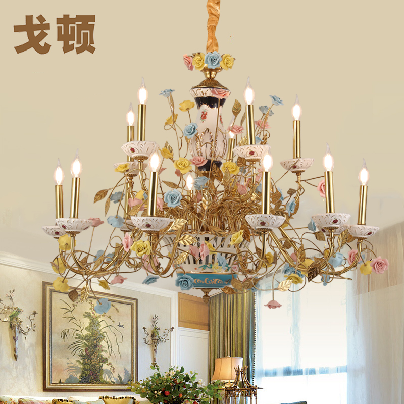 法式全铜吊灯田园花朵欧式陶瓷奢华别墅客厅卧室创意灯高端