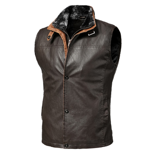 男马甲加绒加厚秋冬2025新款休闲PU皮衣复古潮牌欧美大码背心外套