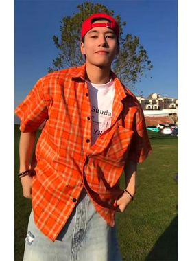 多巴胺橙色格纹短袖衬衫男夏季美式复古慵懒休闲衬衣情侣半袖上衣