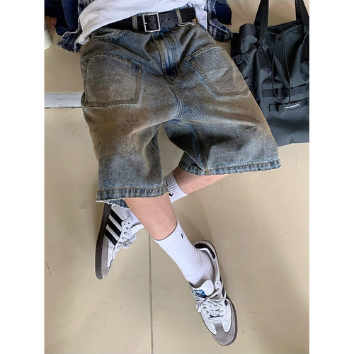 美式复古高街做旧水洗废土风口袋设计感牛仔短裤五分裤男夏季新款