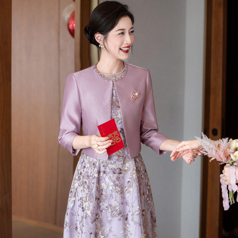 紫色七分袖花色礼服女中长款