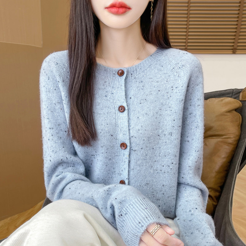 2025新款秋冬100%纯羊毛女一线成衣圆领彩点子纱上衣针织开衫外套