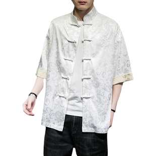 夏季薄款冰丝短袖衬衫外套男士中国风大码盘扣唐装衬衣上衣服潮牌
