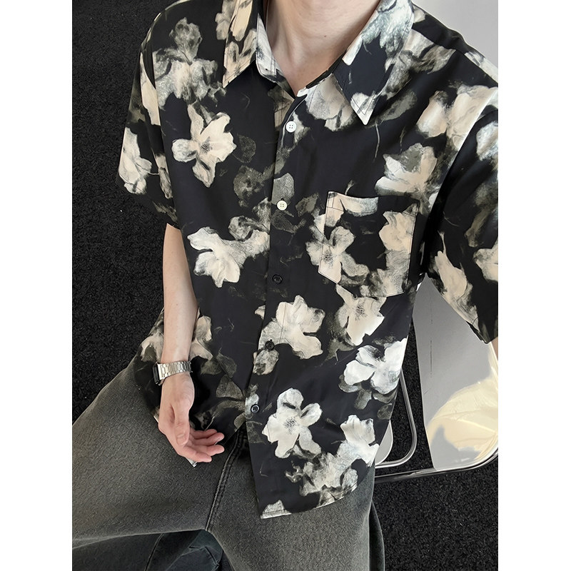 冰丝复古短袖印花衬衫男凉感港风图片