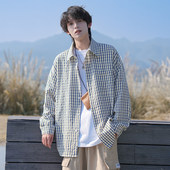 日系大码 百搭青年痞帅翻领衬衣情侣宽松外套 男春秋季 长袖 格子衬衫