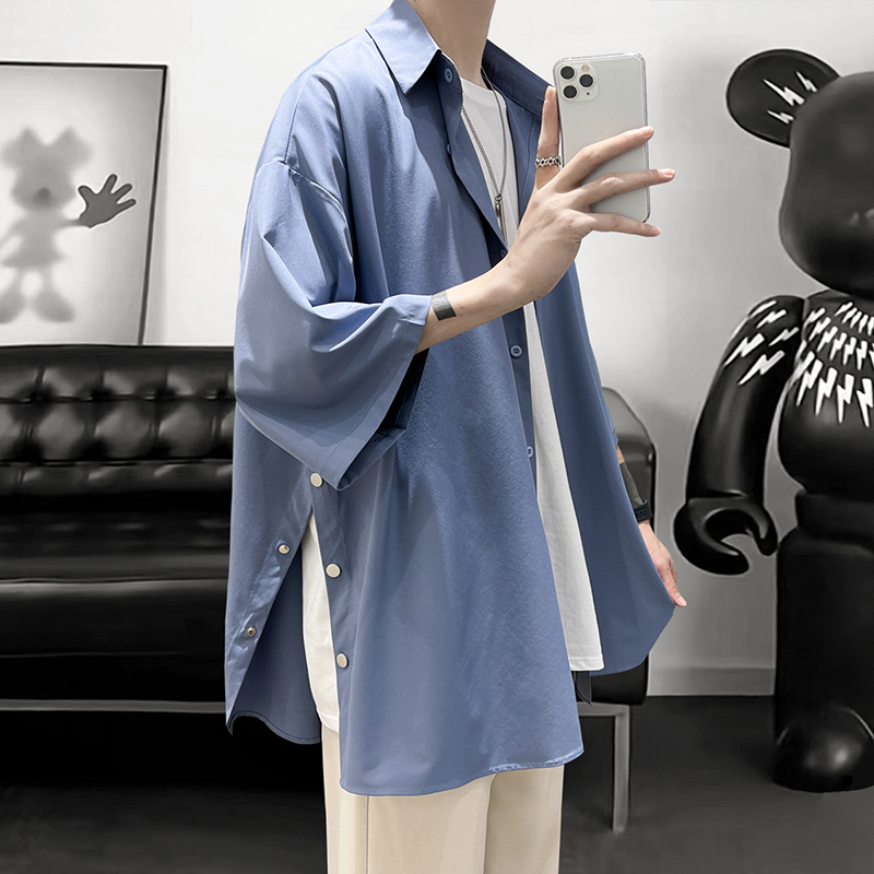 日系小众开叉短袖衬衫夏季男士