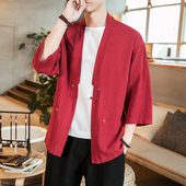 青年潮流开衫 复古风仙气红色上衣服外套中国风唐装 汉服男士 七分袖
