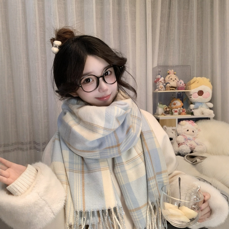 蓝色高级感格子围巾冬季女披肩新款百搭韩系氛围感围脖加厚两用